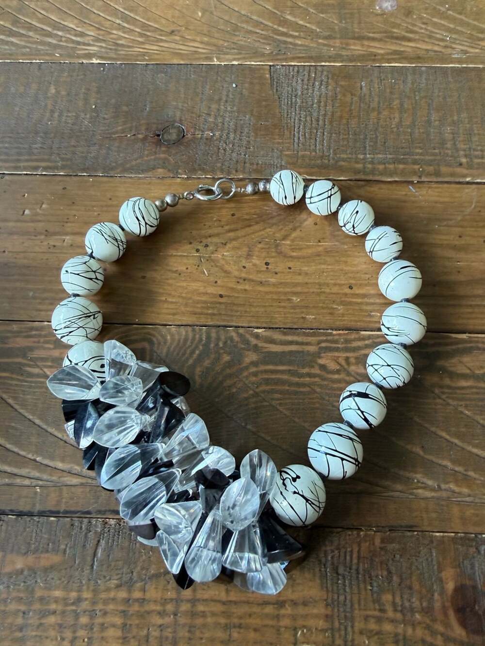 Vintage Black & White Splatter Bead Necklace with Lucite Drops